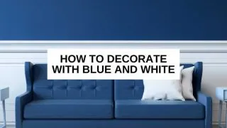 Blue and white living room and text overlay that reads, 