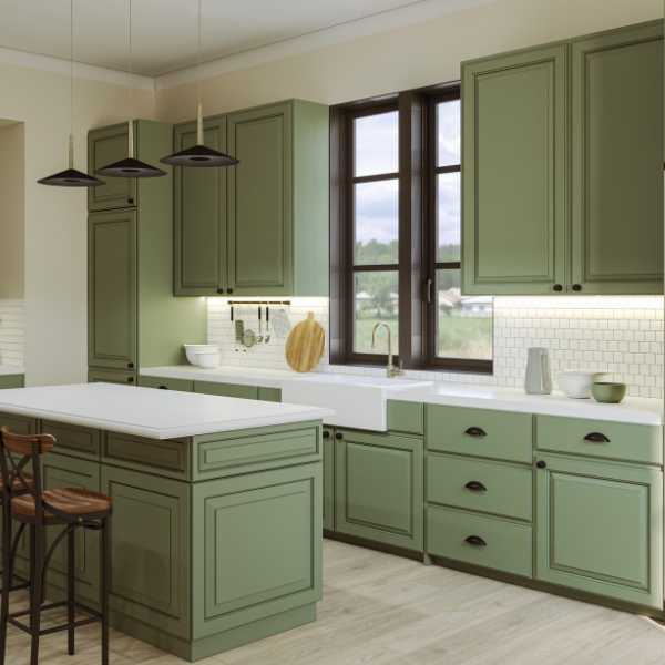 Kitchen with sage green cabinets.