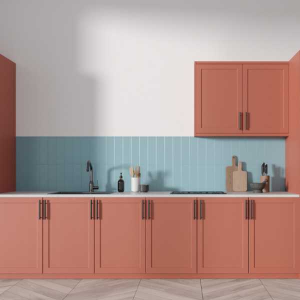 Kitchen with terracotta cabinets.