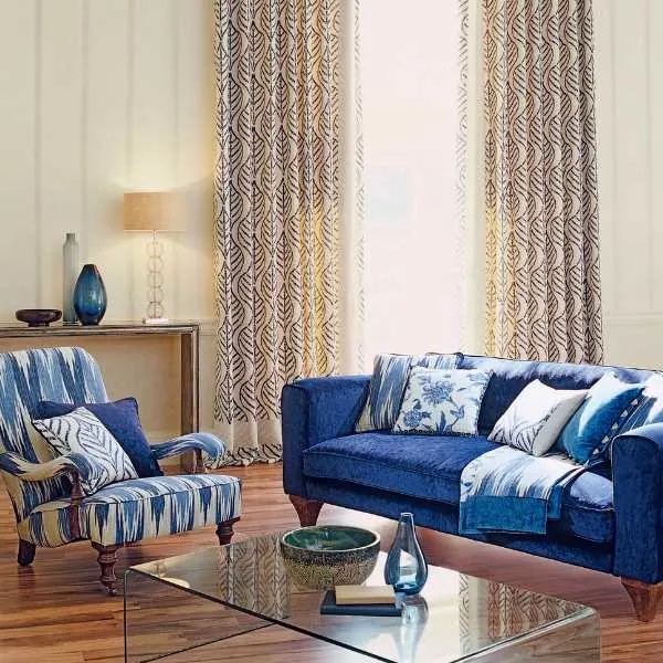 Navy blue and neutral living room.