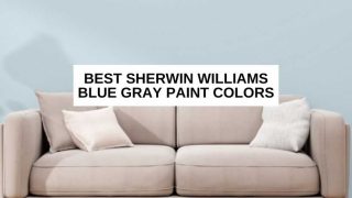 Couch in front of bluish gray wall and text overlay that reads, 