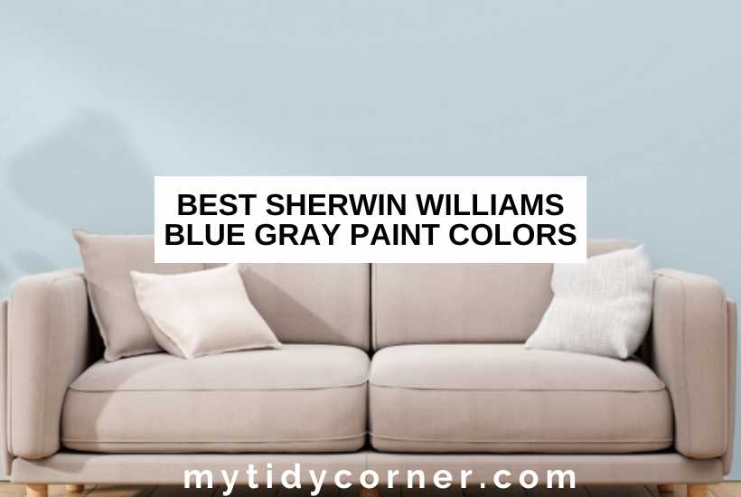 Couch in front of bluish gray wall and text overlay that reads, "Best Sherwin Williams blue gray paint colors".