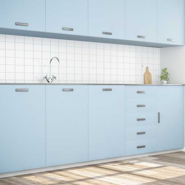 Sky blue kitchen cabinets.