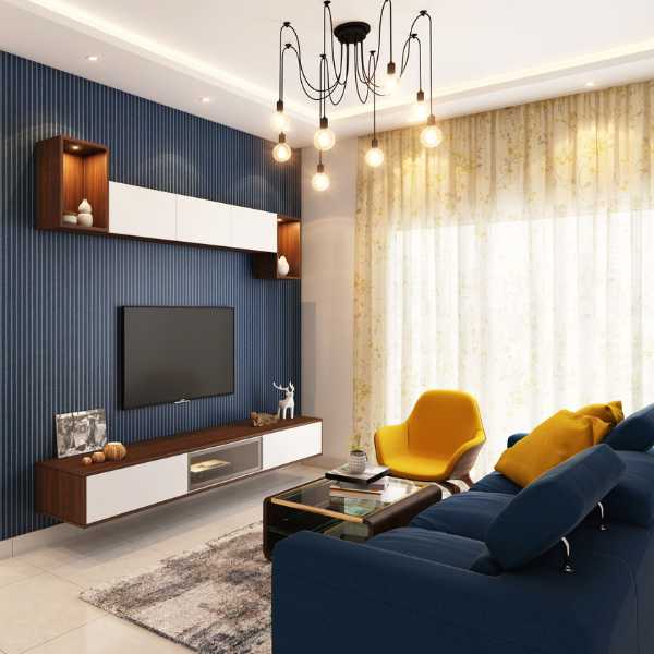 Yellow and dark blue living room.