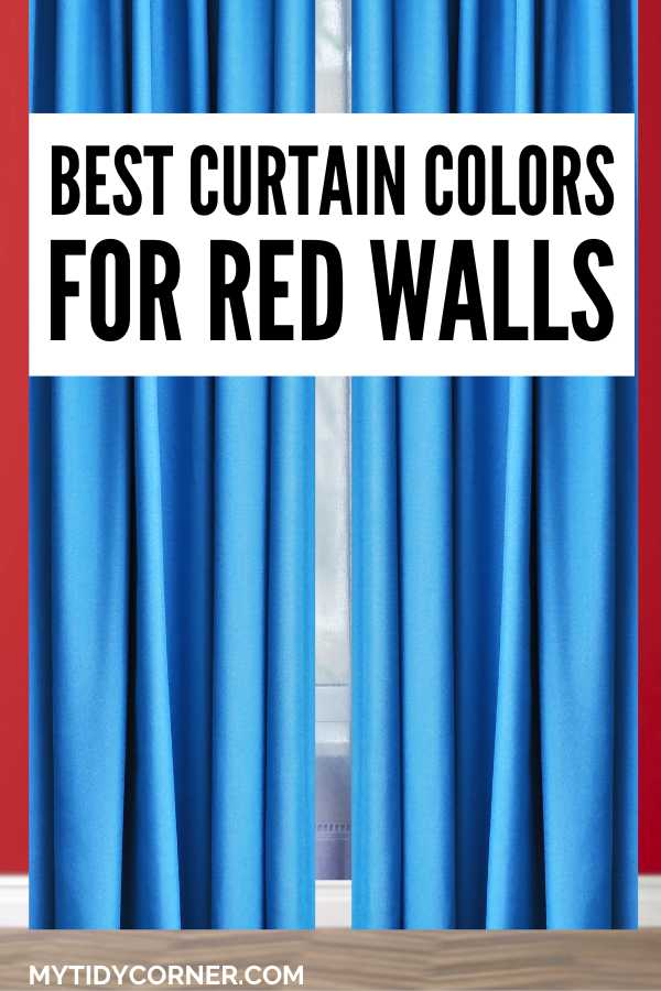 Blue curtains on a red wall and text overlay that says, "Best curtain colors for red walls".
