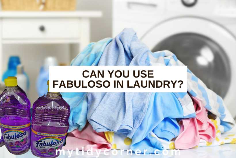 2 bottles of Fabuloso, pile of clothes in front of a washing machine and text overlay that says, "Can you use Fabuloso in laundry?".