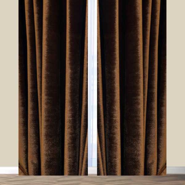 Chocolate brown curtains on tan wall.