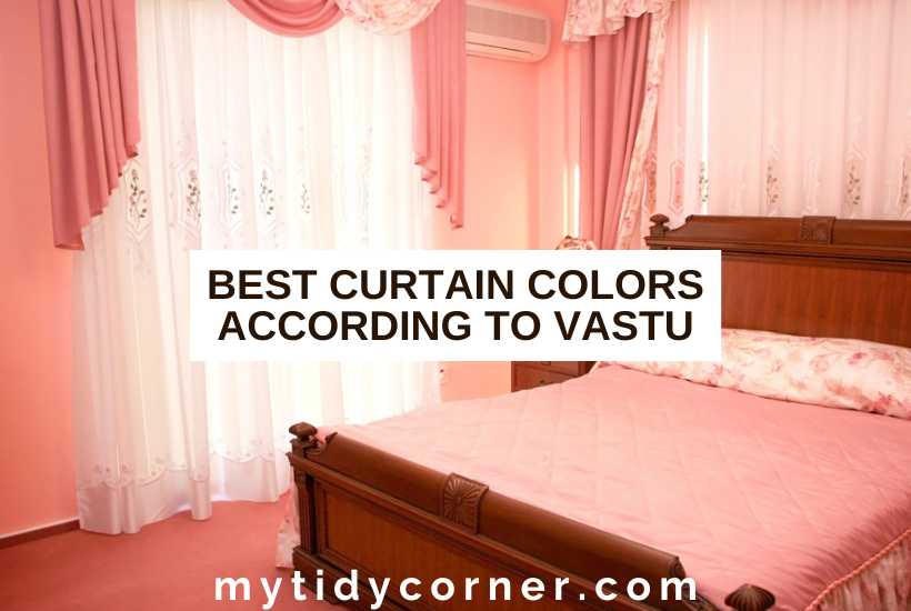 Peach bedroom and text overlay that says, "Best curtain colors according to Vastu".