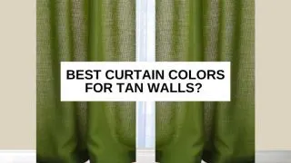 Green curtains against a tan wall and text overlay that says, 