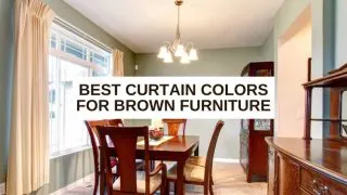 Green dining room with brown table and chairs, cream drapes and text overlay that says, 