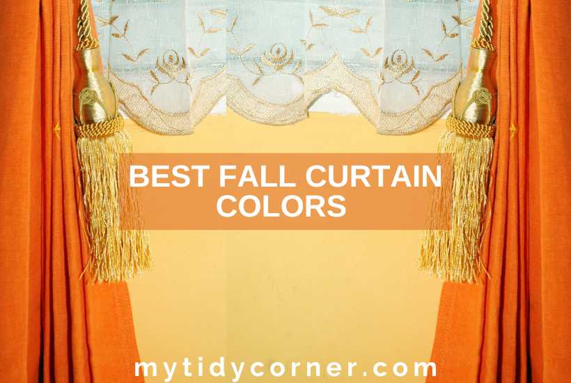 Orange curtains, white valance, yellow wall and text overlay that says, "Best fall curtain colors".