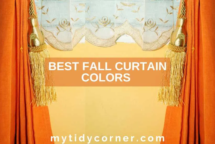 Orange curtains, white valance, yellow wall and text overlay that says, "Best fall curtain colors".
