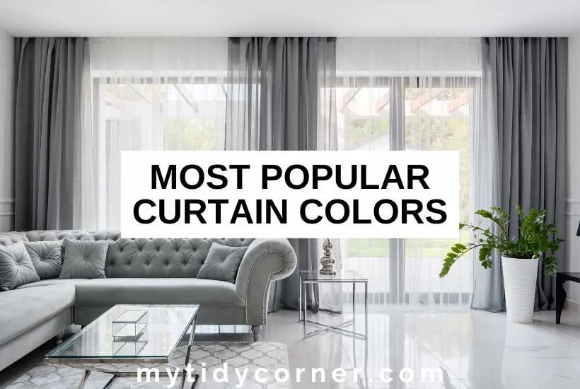 Living room with light gray couch and curtains and text overlay that says, "Most popular curtain colors".