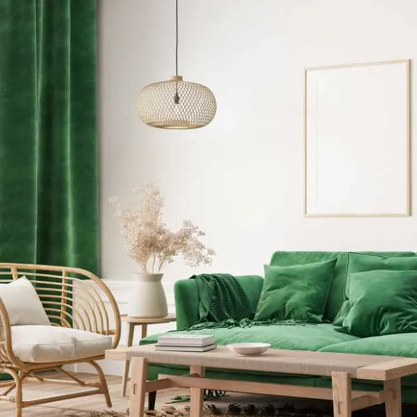Room with green curtain and couch.