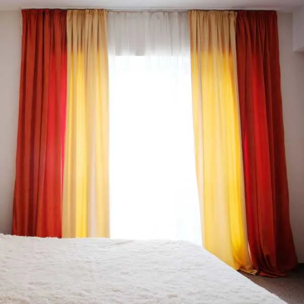 Room with layered red, yellow and white curtains.
