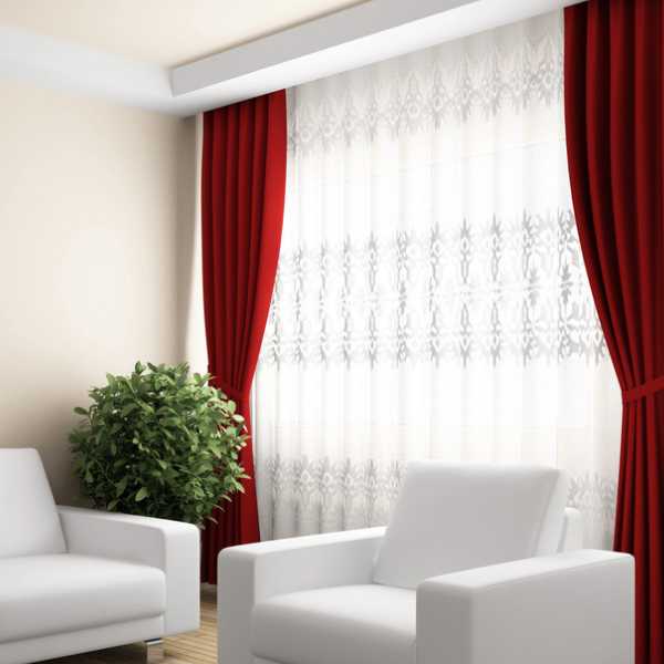 Room with red curtains and white chairs.