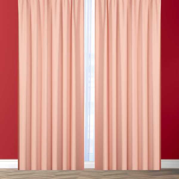 Salmon pink curtains against red wall.