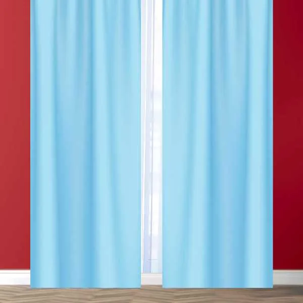 Sky blue curtains on red wall.