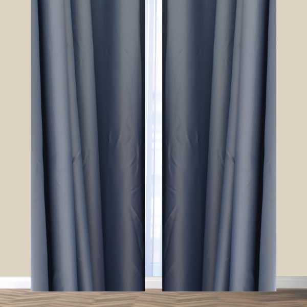 Slate curtains on tan wall.