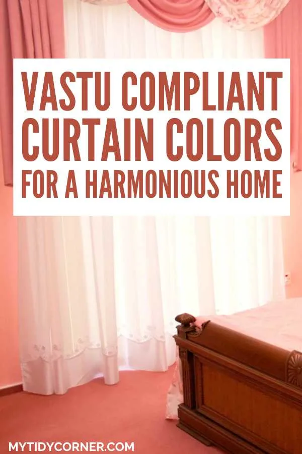 Peach bedroom and text overlay that says, "Vastu compliant curtain colors for a harmonious home".