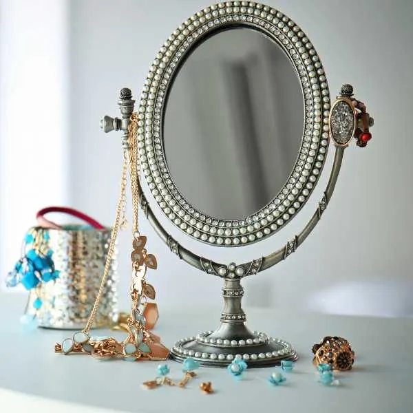 Vintage mirror an jewelry on a vanity.