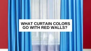 Blue and white curtains against a red wall and text overlay that says, 