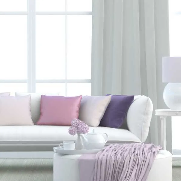 White and purple living room.