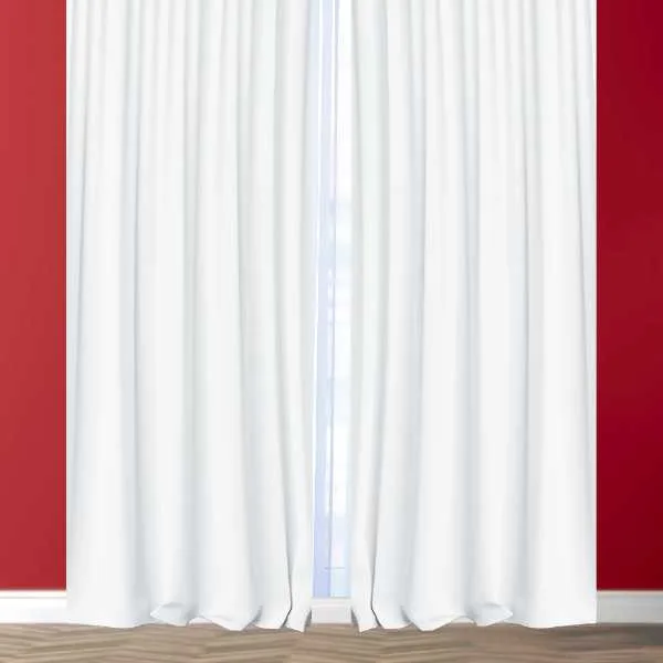 White curtains on red wall.