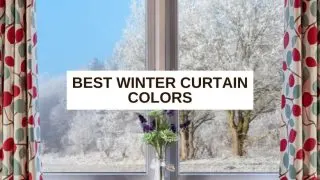 Colorful floral curtains, window view of winter landscape and test overlay that says, 