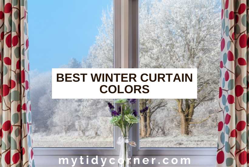 Colorful floral curtains, window view of winter landscape and test overlay that says, "Best winter curtain colors".