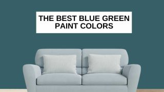 White wood floor, wall painted with Sherwin-Williams Deep Sea Dive, white pillows on a bluish gray couch and text overlay that says, 
