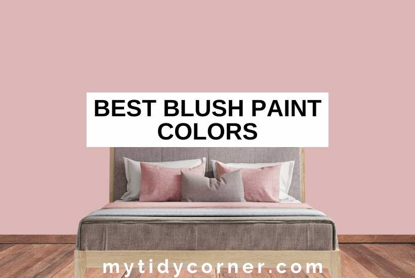 Dusty pink wall, wood floor, pillows on a bed and text overlay that says, "Best blush paint colors".
