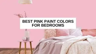 Room with pink wall background and wood floor, bed, assorted colors of pillows, flower vase on a stool, overhead lamp and text overlay that says, 