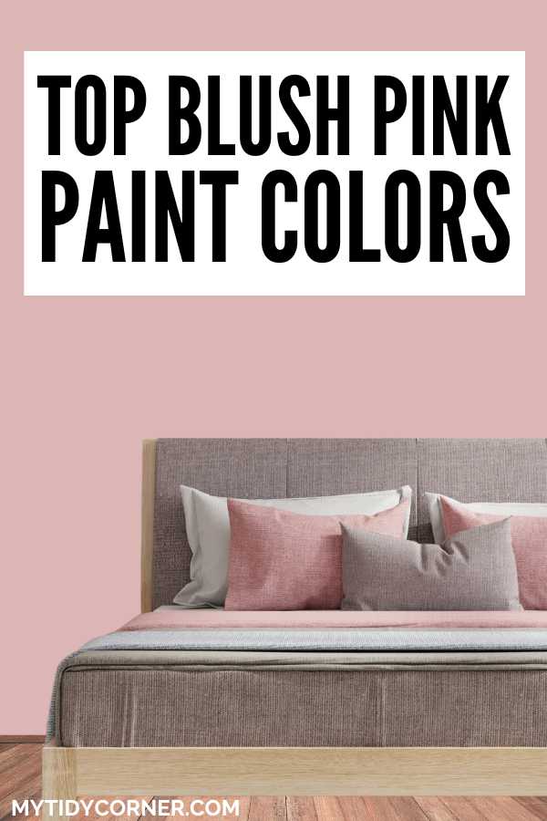 Dusty pink wall, wood floor, pillows on a bed and text overlay that says, "Top blush pink paint colors".