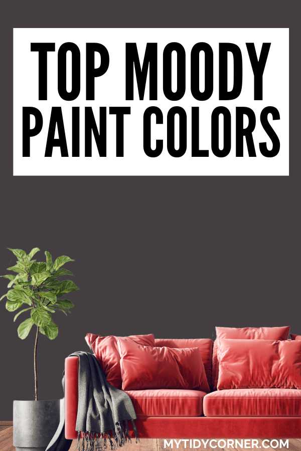 Dark brown wall background, plant in a pot, throw blanket and pillows on a red couch, and text overlay that says, "Top moody paint colors". 