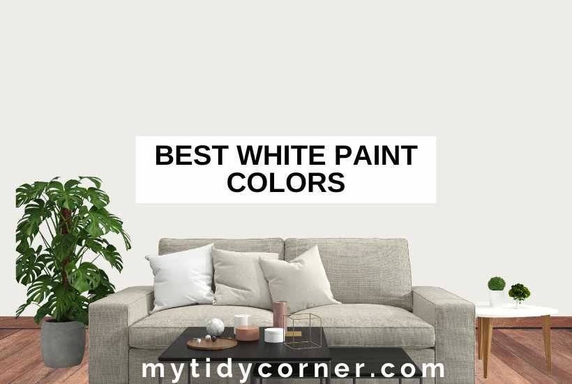 White wall background, wood floor, potted plant, throw pillows on a couch, coffee table, plants on a side table and text overlay that says, "Best white paints".