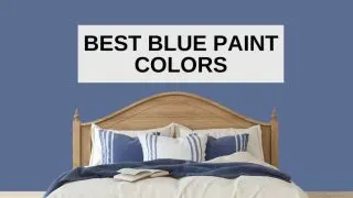 Bedroom with blue wall, blue and white bedding, and text overlay that says, 