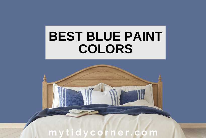 Bedroom with blue wall, blue and white bedding, and text overlay that says, "Best blue paint colors".