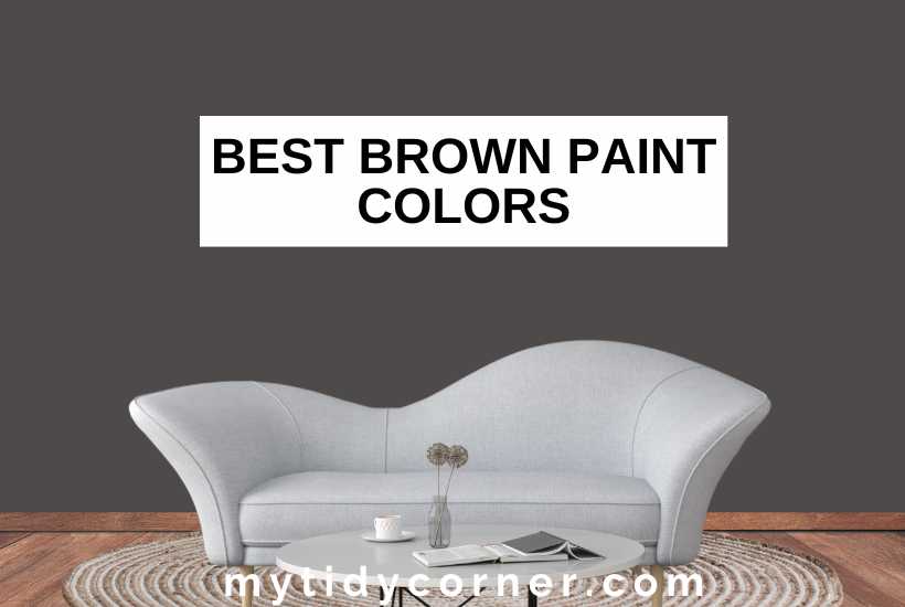 Brown wall background, books and other stuff on a coffee table, white sofa on beige rug, wood floor and text overlay that says, "Best brown paint colors".