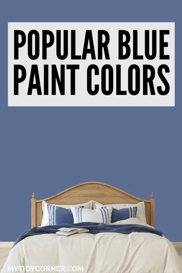 Bedroom with blue wall, blue and white bedding, and text overlay that says, "Popular blue paint colors".