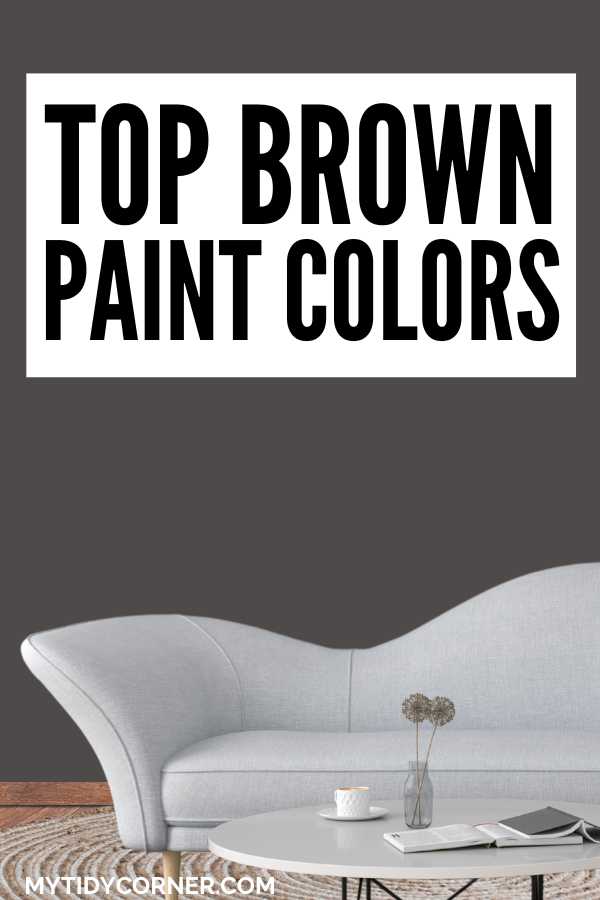 Brown wall background, books and other stuff on a coffee table, white sofa on beige rug, wood floor and text overlay that says, "Top brown paint colors".