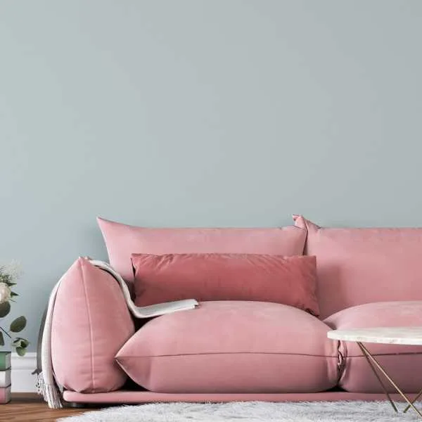 Blush pink couch bluish gray wall.