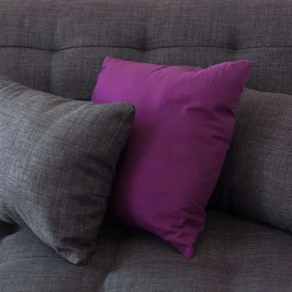 Gray and purple pillows on gray couch.