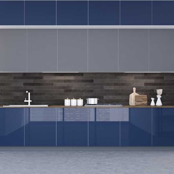Navy blue and gray kitchen.