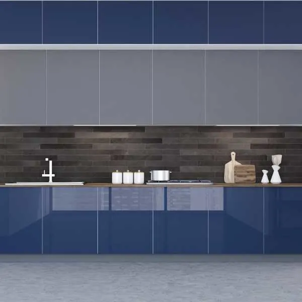 Navy blue and gray kitchen.
