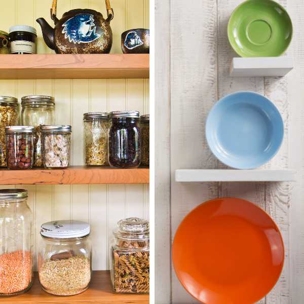 Storage containers and colorful plates on shelves.