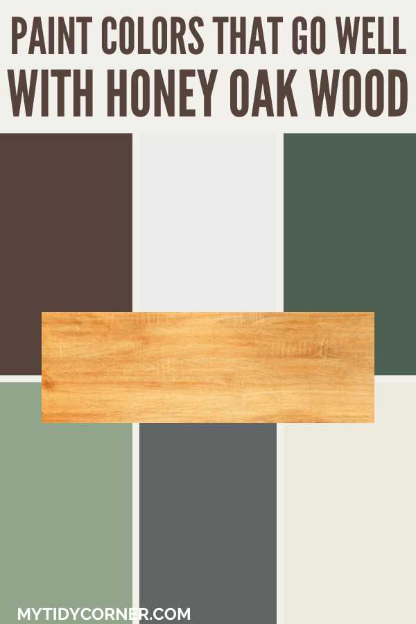 Collage of paint colors that go well with honey oak wood.