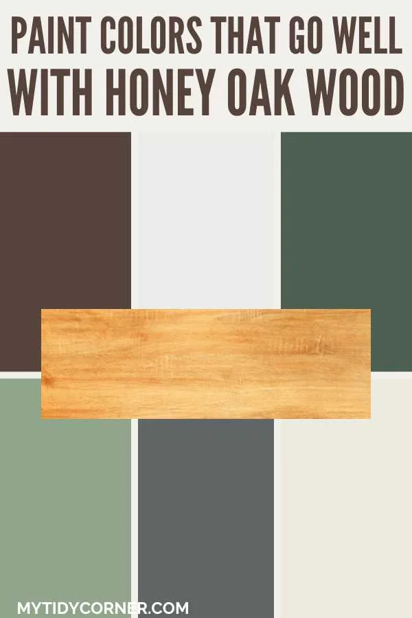 Collage of paint colors that go well with honey oak wood.
