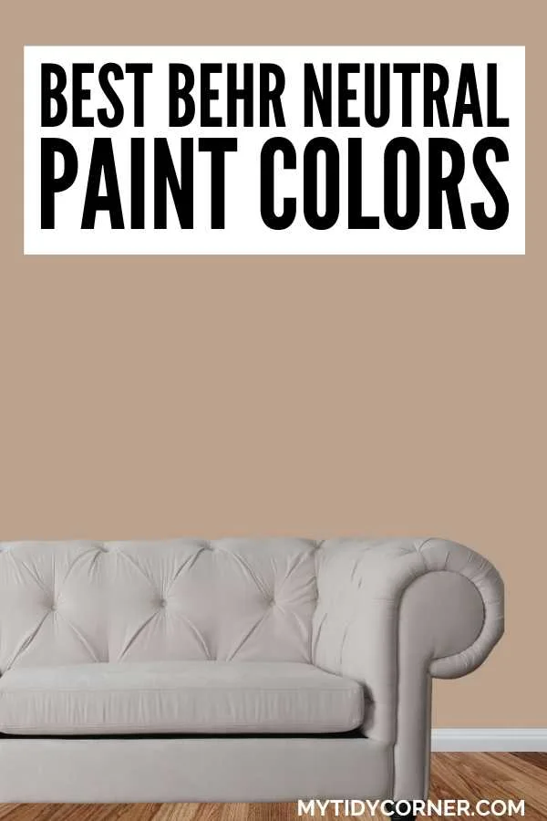 Off white couch, beige wall and text overlay that says, "Best Behr neutral paint colors".