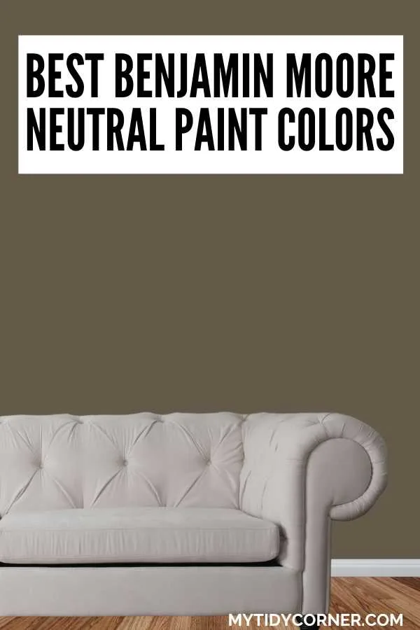 White sofa, brown background and text overlay that says, "Best Benjamin Moore neutral paint colors".